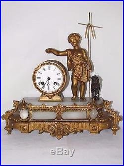 05d25 Ancienne Horloge Albtre Statue Régule Dore St Jean Baptiste Agneau Bronze