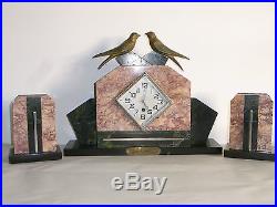 09b52 Ancienne Pendule Horloge Marbre Art Déco Statue Régule Hirondelle 1940