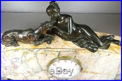 1920/1930 G. Lavroff Pendule Statue Sculpture Art Deco Bronze Femme Nue Levrier