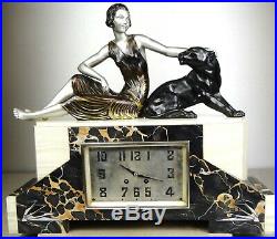 1920/1930 Limousin Pendule Sculpture Statue Art Deco Femme Panthere Noire Felin