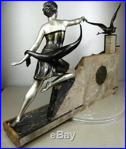 1920/1930 Uriano Rare Pendule Statue Sculpture Art Deco Femme Elegante Cigognes