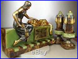 1920/30 A. Godard Pendule Garniture Sculpture Art Deco Orientaliste Bronze Dore