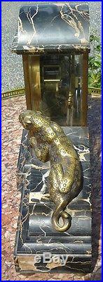 ANCIENNE PENDULE ART DECO bronze doré & marbre décor animalier 1930 tigre