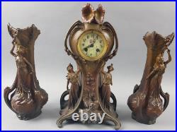 ANCIENNE PENDULE regule GARNITURE DE CHEMINEE DLG Mucha art nouveau femme fleur ANCIENNE PENDULE regule GARNITURE DE CHEMINEE DLG Mucha art nouveau femme fleur