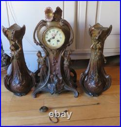 ANCIENNE PENDULE regule GARNITURE DE CHEMINEE DLG Mucha art nouveau femme fleur ANCIENNE PENDULE regule GARNITURE DE CHEMINEE DLG Mucha art nouveau femme fleur