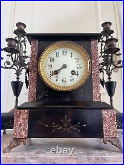 Ancien Pendule Horloge Garniture Cheminée & Paire Candélabre Marbre Napoléon