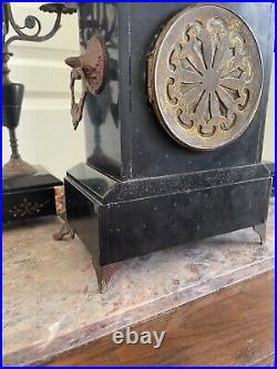 Ancien Pendule Horloge Garniture Cheminée & Paire Candélabre Marbre Napoléon