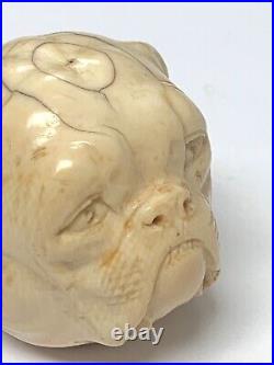 Ancien Pommeau De Canne Sculpte Tete De Bouledogue Travail Dieppois