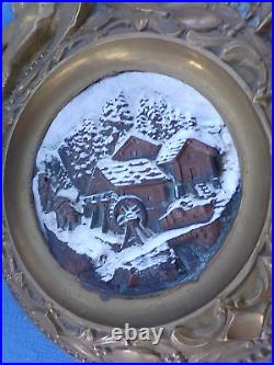 Ancien balancier d'horloge-cuivre repoussé-grosse lentille-paysage montagne-XIXè