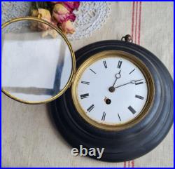 Ancienne Horloge Oeil De Boeuf Napoleon III Bois Noirci Emaille