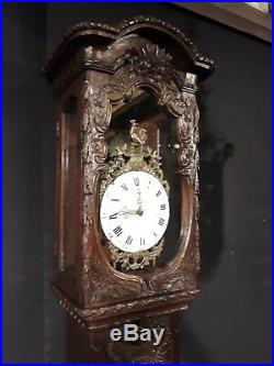 Ancienne Horloge de parquet chêne normande demoiselle XVIIIe mouvement coq