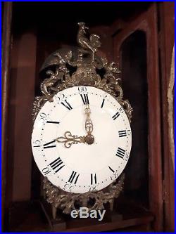 Ancienne Horloge de parquet chêne normande demoiselle XVIIIe mouvement coq