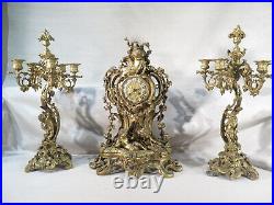 Ancienne Jolie Pendule Garniture Candelabres Bronze Dore Amours Louis XV Nap 3