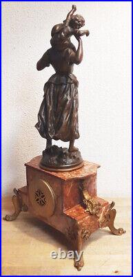 Ancienne Pendule En Marbre Statuette De Femme Enfant Signee Rancoulet