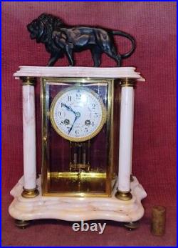 Ancienne Pendule Horloge A Colonne Portique En Marbre Et Bronze Lion XIX