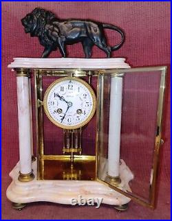 Ancienne Pendule Horloge A Colonne Portique En Marbre Et Bronze Lion XIX