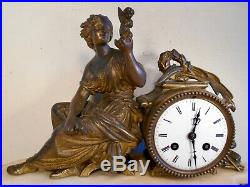 Ancienne Pendule Horloge Romantique Personnage Femme Ange Enfant Bronze Doré