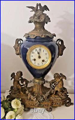 Ancienne Pendule Napoleon III Angelots Porcelaine Bleu