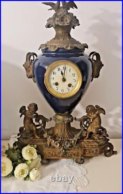 Ancienne Pendule Napoleon III Angelots Porcelaine Bleu