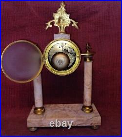 Ancienne Pendule Pendulette Horloge A Colonne Portique En Marbre Rose XIX