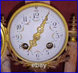 Ancienne Pendule Pendulette Horloge A Colonne Portique En Marbre Rose XIX