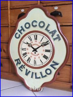 Ancienne authentique pendule tole horloge chocolat REVILLON horlogerie pub tbe