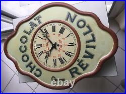 Ancienne authentique pendule tole horloge chocolat REVILLON horlogerie pub tbe