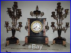 Ancienne parure de cheminée époque napoléon III pendule horloge chandeliers marb