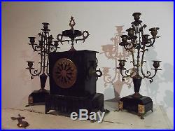 Ancienne parure de cheminée époque napoléon III pendule horloge chandeliers marb