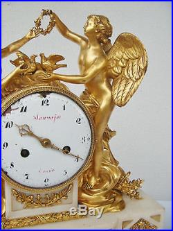 Ancienne pendule Louis XVI, marbre & bronze doré mercure, 18 eme, Signé Sauvajot