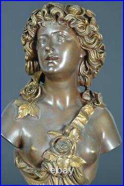 Ancienne pendule bronze doré Barbedienne Allégorie printemps portrait nymphe 19e