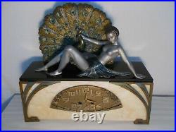Ancienne pendule horloge sculpture art deco 1930 LIMOUSIN statue femme au paon