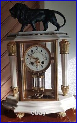 CAGE VERRE biseautée horloge ANTIQUE XIX LION bronze MARBRE pendule OR PARIS1900
