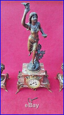 Emile BRUCHON Horloge Statue cheminée & Vases Pendule Art Nouveau régule Bronze