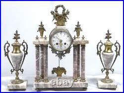 Garniture De Cheminee Pendule Portique 6 Colonnes Cassolettes Marbre Bronze