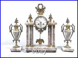 Garniture De Cheminee Pendule Portique 6 Colonnes Cassolettes Marbre Bronze