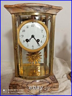 Garniture pendule cage et cassolettes marbre, bronze dore fonctionne sonne