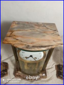 Garniture pendule cage et cassolettes marbre, bronze dore fonctionne sonne