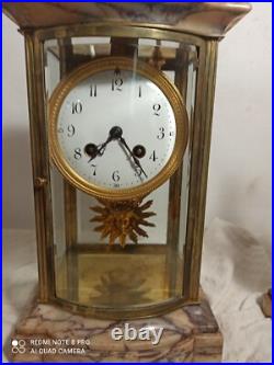 Garniture pendule cage et cassolettes marbre, bronze dore fonctionne sonne