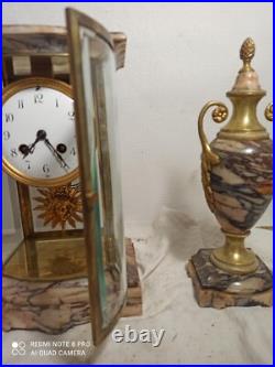 Garniture pendule cage et cassolettes marbre, bronze dore fonctionne sonne