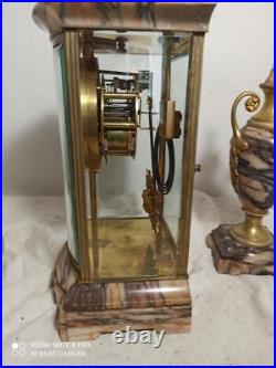 Garniture pendule cage et cassolettes marbre, bronze dore fonctionne sonne