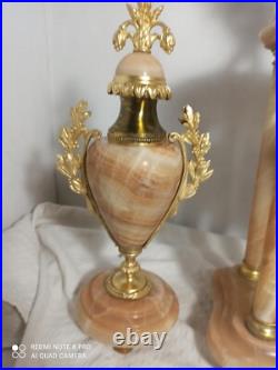 Garniture pendule cage et cassolettes onyx, bronze dore fonctionne sonne