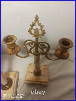 Garniture portique pendule et chandeliers marbre, bronze mouvement a reparer