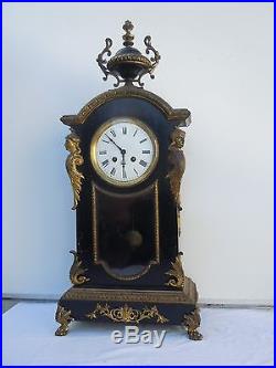 Grand cartel horloge pendule bois noirci decor bronze doré d'époque 19ème