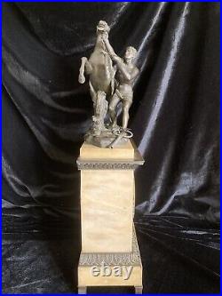 Grande Ancienne Pendule Chevaux De Marly En Bronze / Marbre De Sienne 1830
