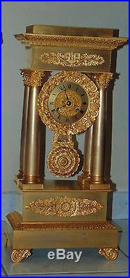 Grande Horloge Pendule Colonnes Bronze Dore D' Epoque Restauration