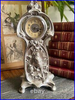 Horloge & Pendule Bronze Argenté Art Nouveau Vers 1900 Oiseaux Antique Clock