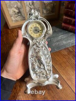 Horloge & Pendule Bronze Argenté Art Nouveau Vers 1900 Oiseaux Antique Clock