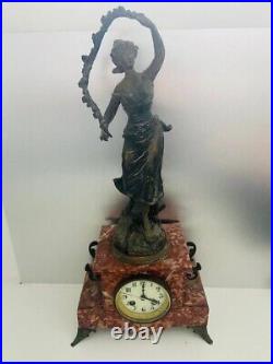 Horloge Statue Régule signée G. Omer Époque Fleurie sur Marbre et Laiton 52 cm