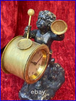 Horloge bronze putto au tambour & cymbale musique angelot Eros XIXème curiosité